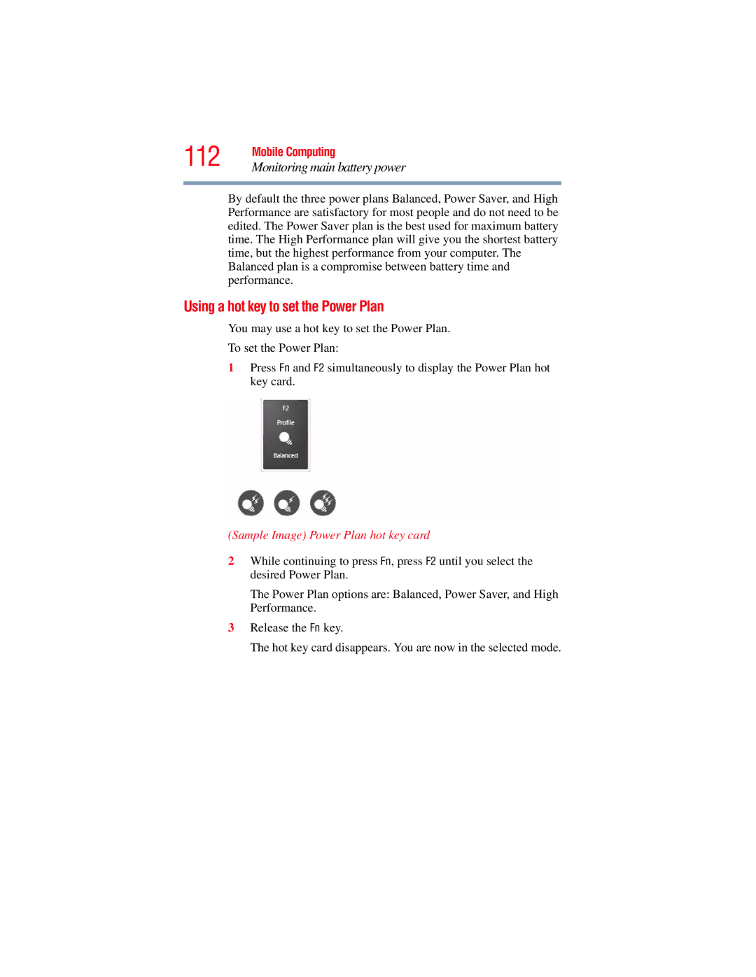 Toshiba A130, A135 manual Using a hot key to set the Power Plan, Sample Image Power Plan hot key card 