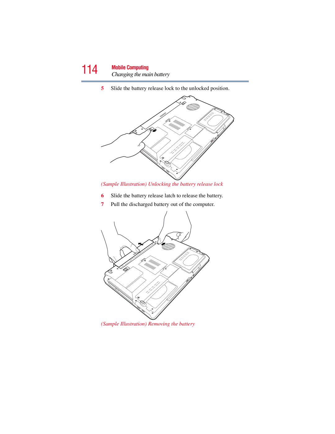 Toshiba A130, A135 114, Sample Illustration Unlocking the battery release lock, Sample Illustration Removing the battery 