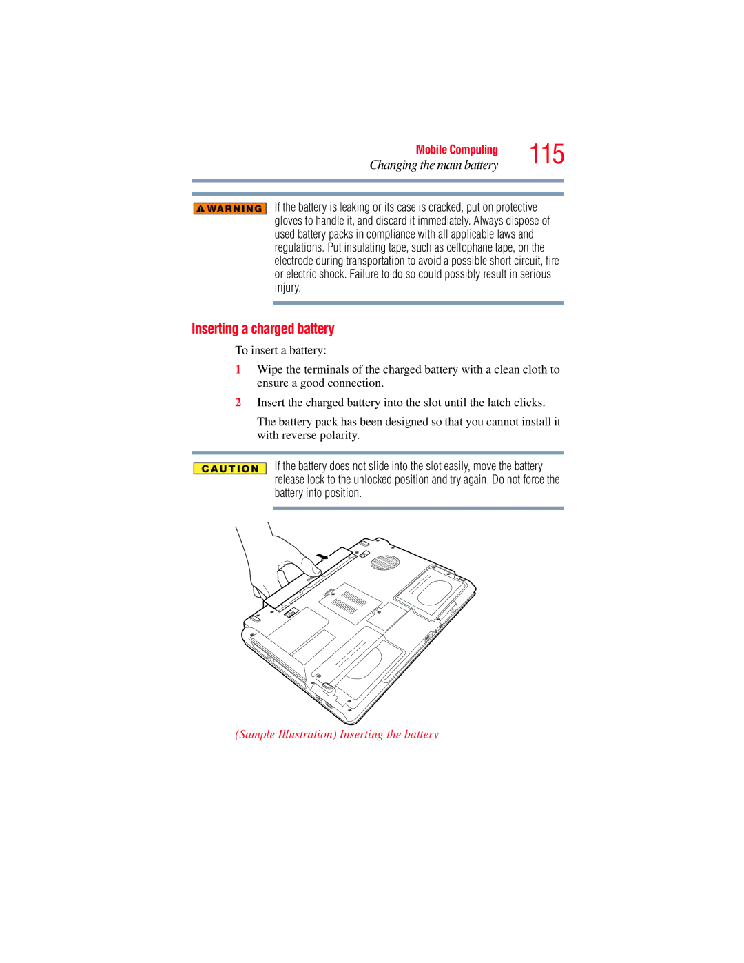 Toshiba A135, A130 manual Inserting a charged battery, Sample Illustration Inserting the battery 