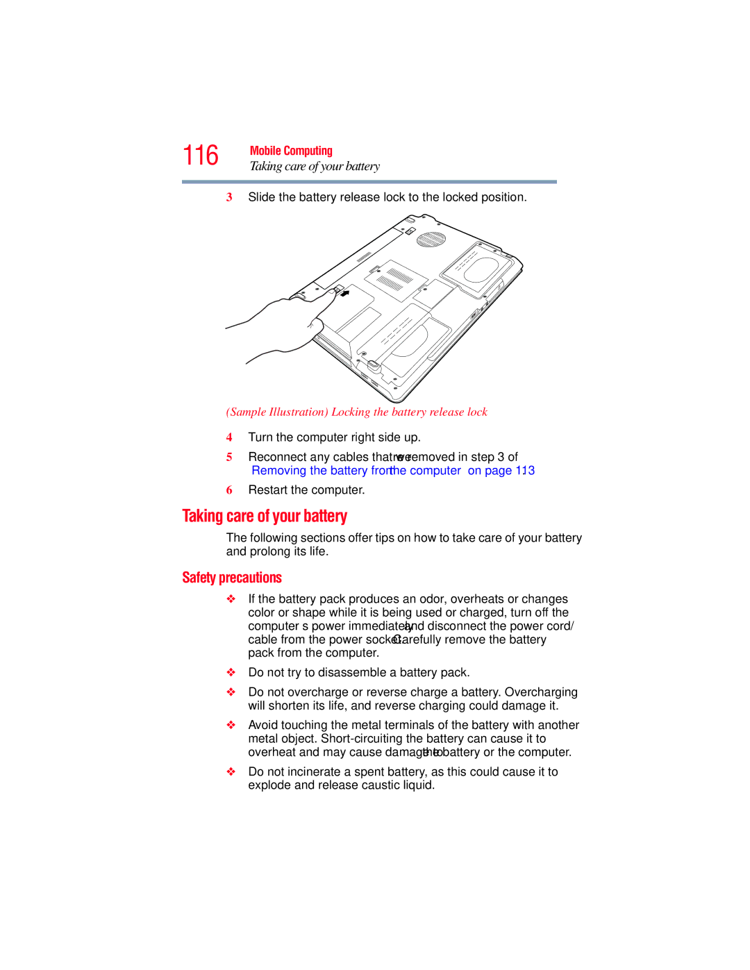 Toshiba A130 116, Taking care of your battery, Safety precautions, Sample Illustration Locking the battery release lock 