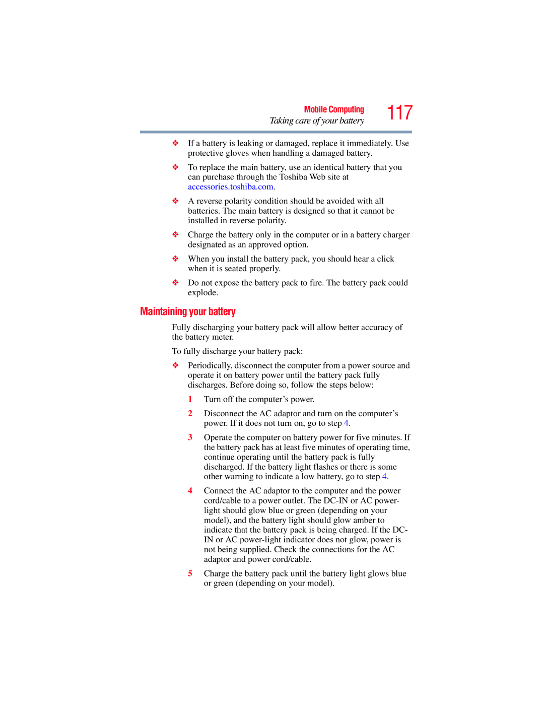 Toshiba A135, A130 manual 117, Maintaining your battery 