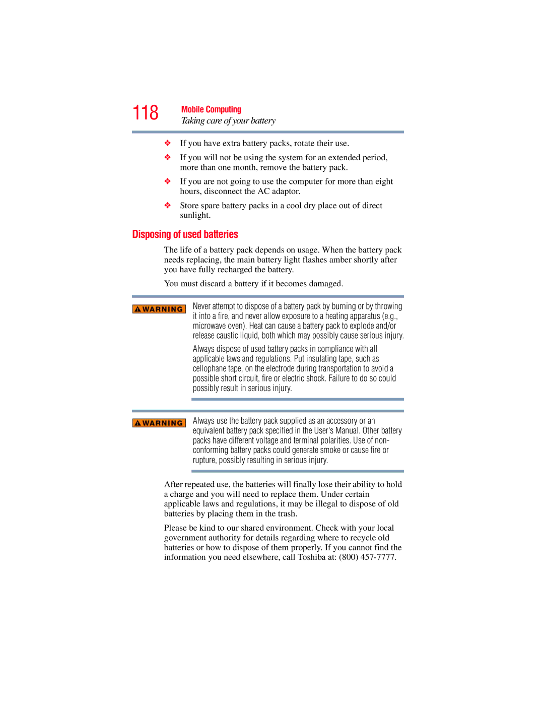 Toshiba A130, A135 manual 118, Disposing of used batteries 