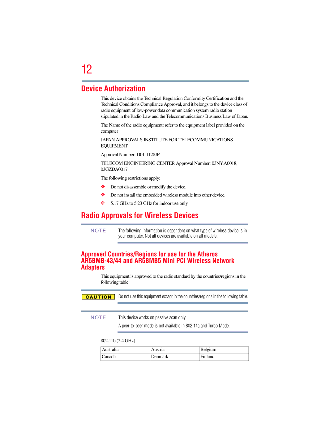 Toshiba A130, A135 manual Device Authorization, Radio Approvals for Wireless Devices 