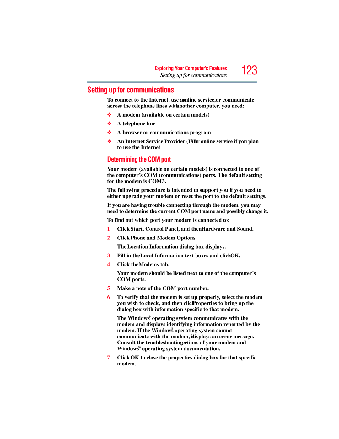 Toshiba A135, A130 manual 123, Setting up for communications, Determining the COM port 