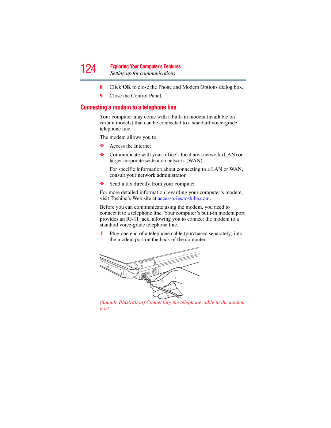 Toshiba A130, A135 manual 124, Connecting a modem to a telephone line 