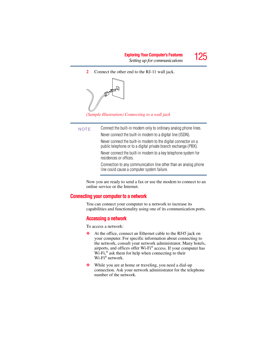 Toshiba A135, A130 manual 125, Connecting your computer to a network, Accessing a network, Residences or offices 