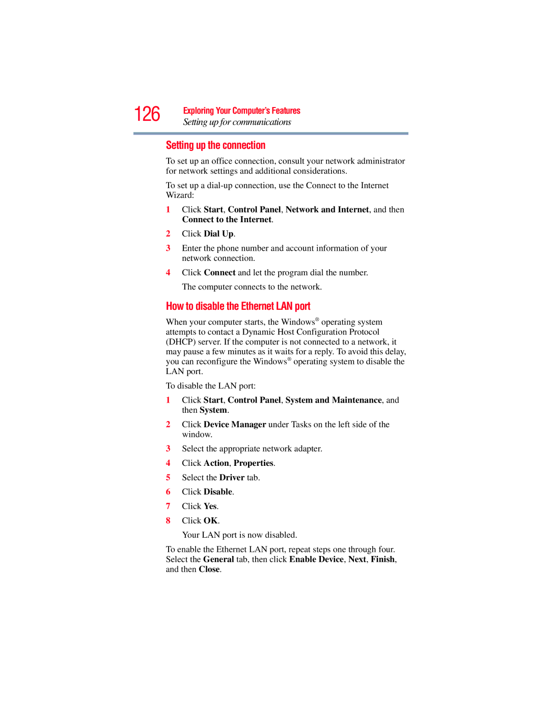 Toshiba A130, A135 manual 126, Setting up the connection, How to disable the Ethernet LAN port, Click Action, Properties 