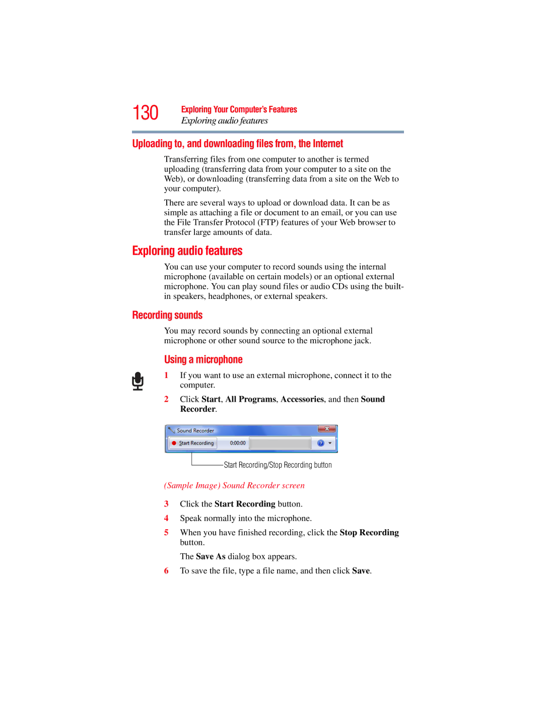 Toshiba A130, A135 manual Exploring audio features, Uploading to, and downloading files from, the Internet, Recording sounds 