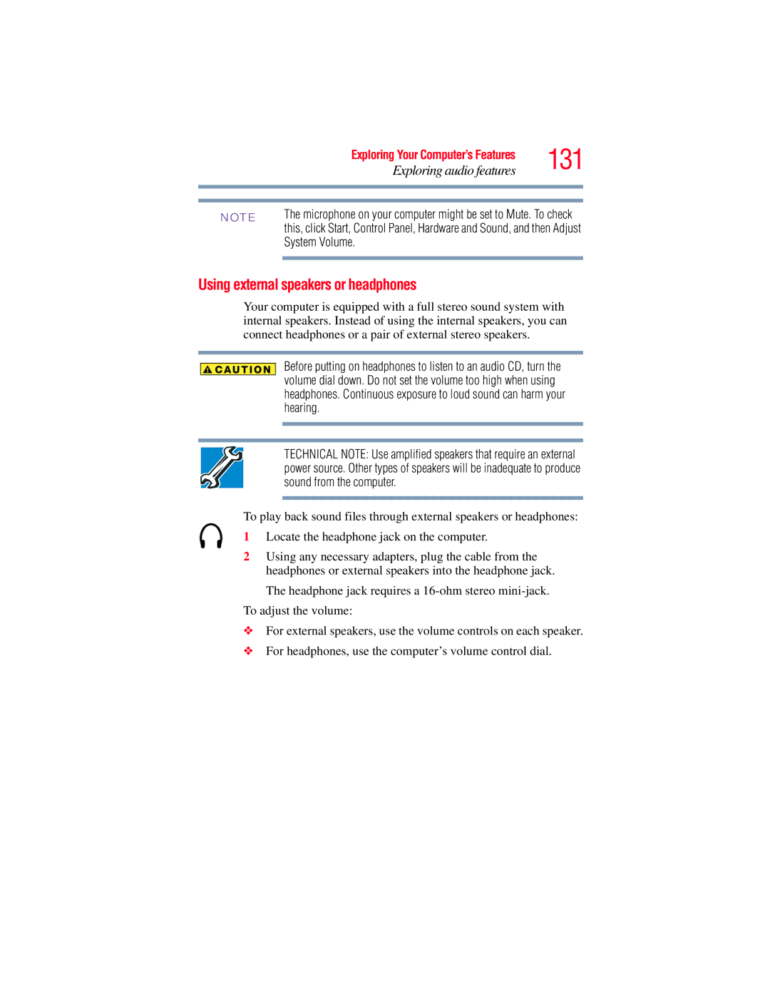 Toshiba A135, A130 manual Using external speakers or headphones, System Volume 