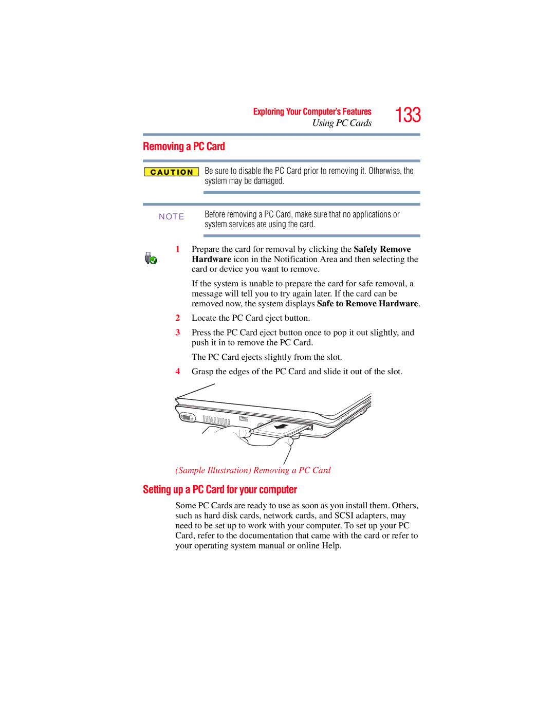 Toshiba A135, A130 133, Removing a PC Card, Setting up a PC Card for your computer, System services are using the card 