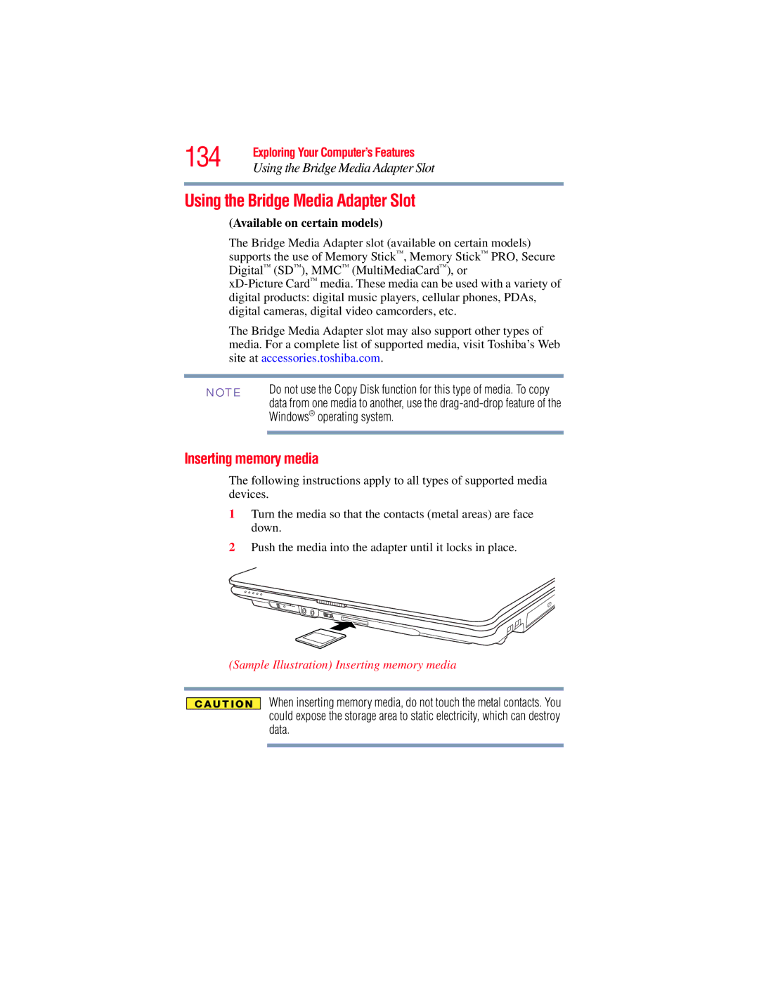 Toshiba A130, A135 manual 134, Using the Bridge Media Adapter Slot, Inserting memory media, Windows operating system 