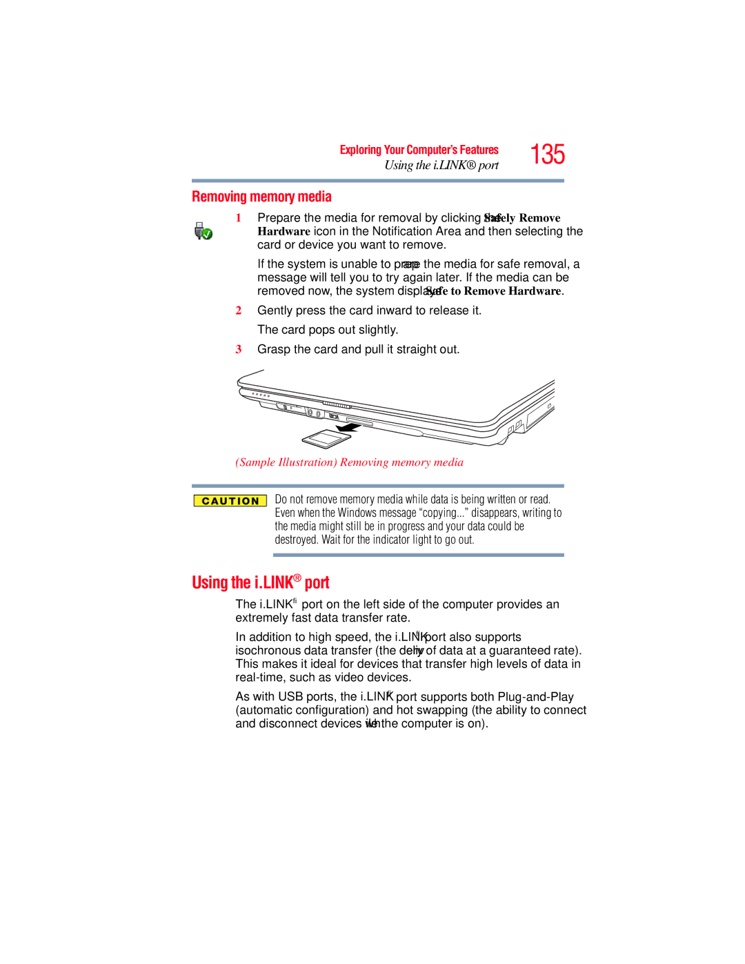 Toshiba A135, A130 manual Using the i.LINK port, Sample Illustration Removing memory media 