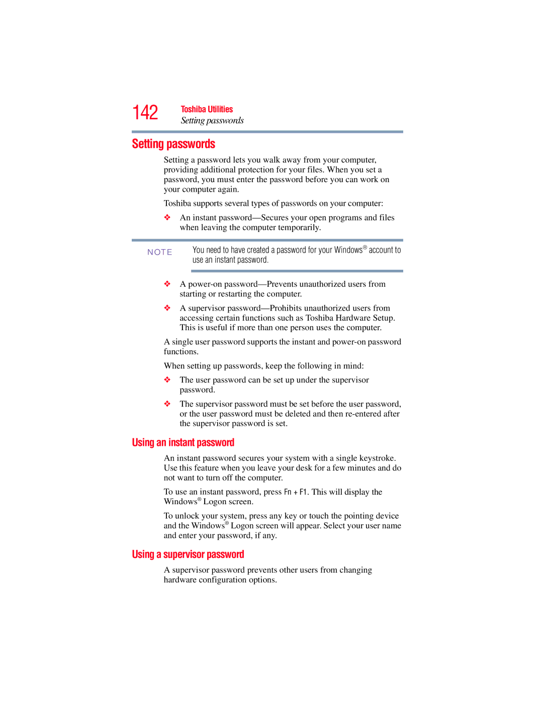 Toshiba A130, A135 142, Setting passwords, Using an instant password, Using a supervisor password, Use an instant password 