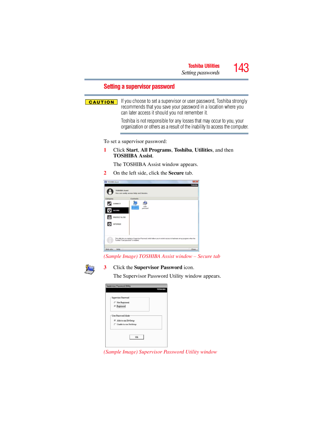 Toshiba A135, A130 manual 143, Setting a supervisor password, Click the Supervisor Password icon 