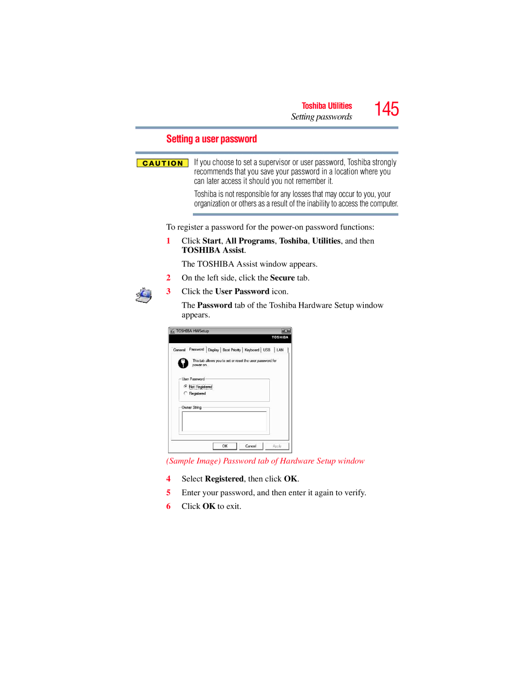 Toshiba A135, A130 manual 145, Setting a user password, Sample Image Password tab of Hardware Setup window 