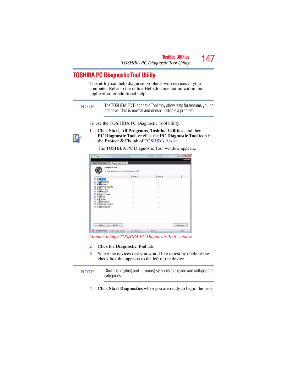 Toshiba A135, A130 147, Toshiba PC Diagnostic Tool Utility, Sample Image Toshiba PC Diagnostic Tool window, Categories 