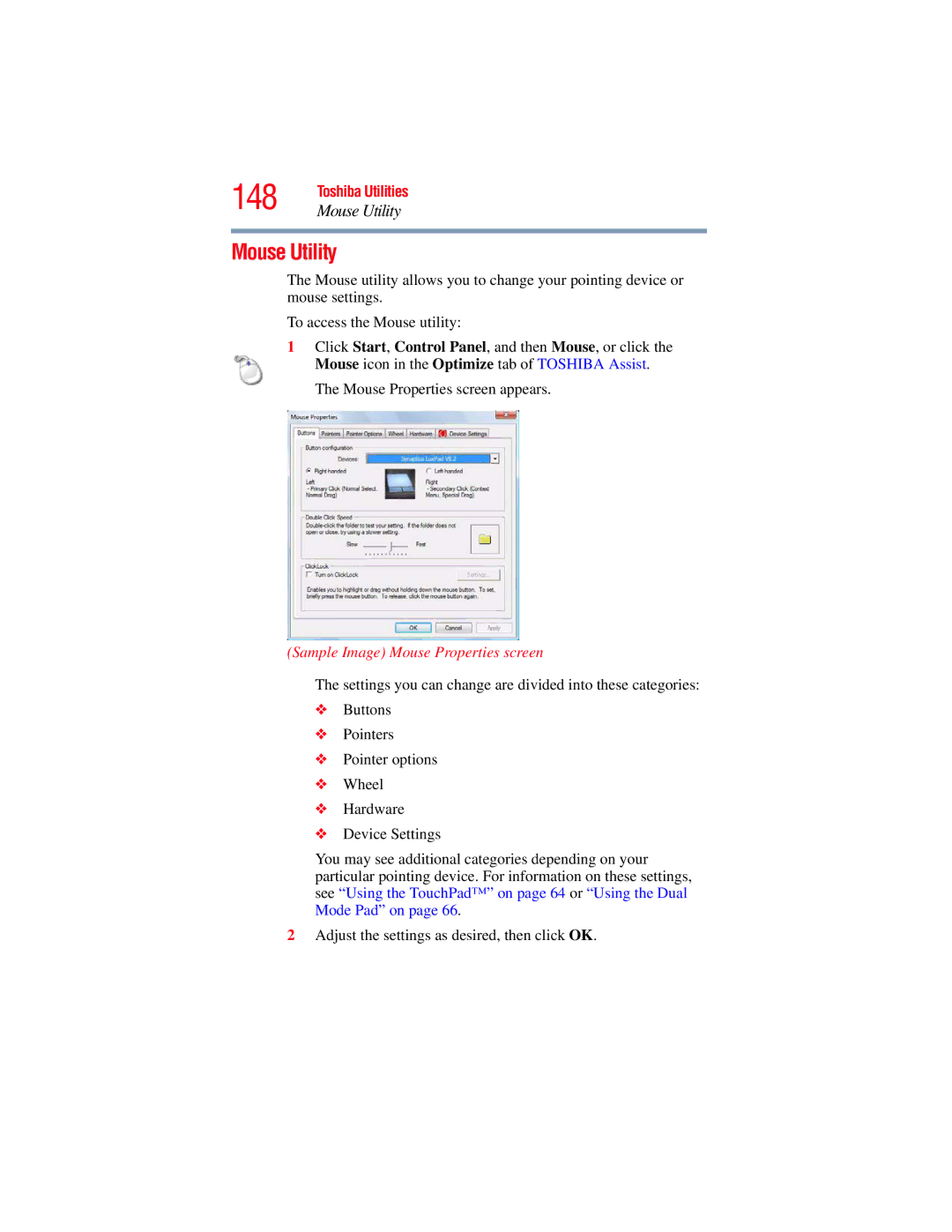 Toshiba A130, A135 manual 148, Mouse Utility, Sample Image Mouse Properties screen 