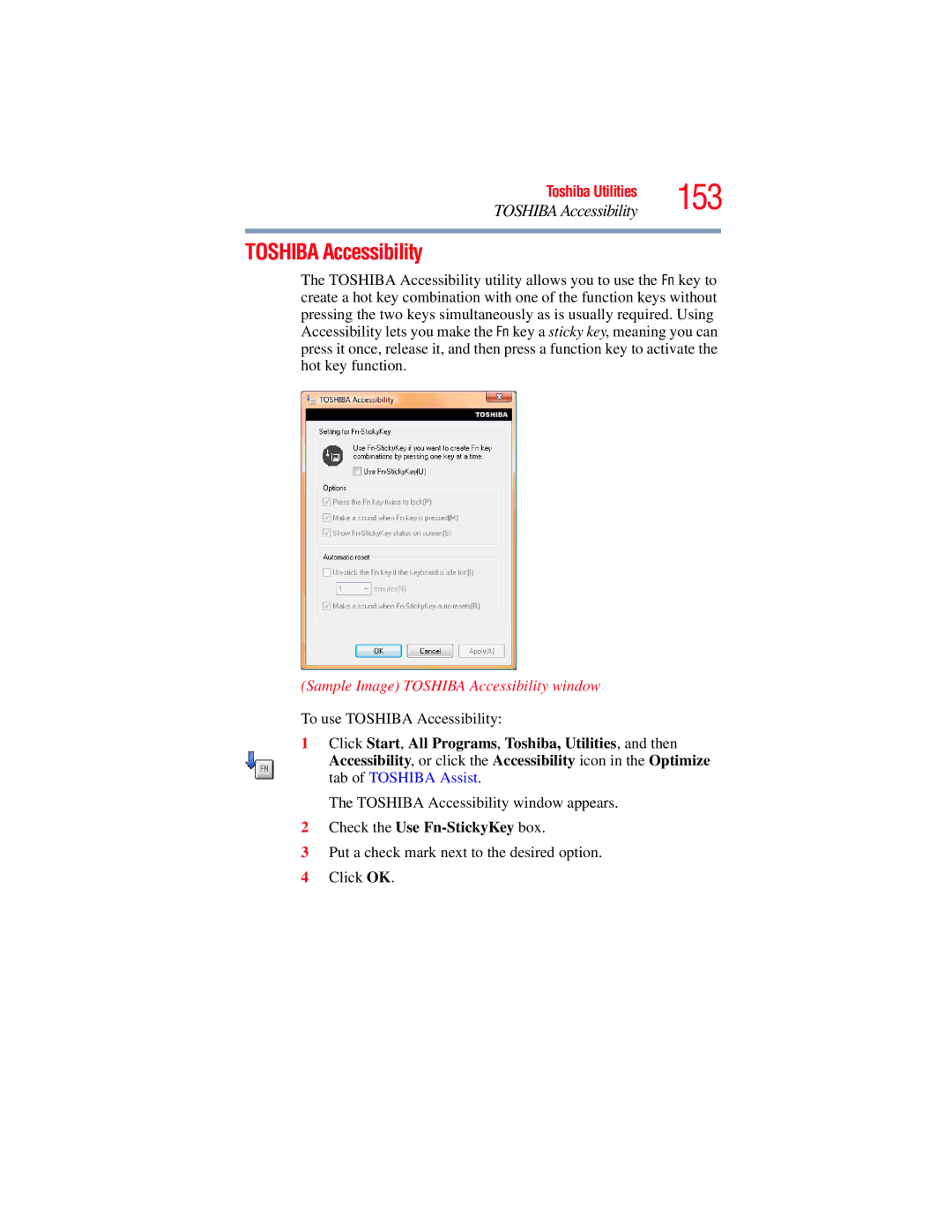 Toshiba A135, A130 manual Sample Image Toshiba Accessibility window, Check the Use Fn-StickyKey box 