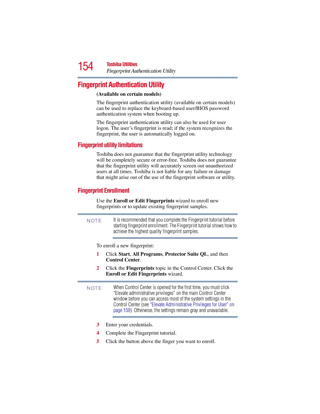 Toshiba A130, A135 manual Fingerprint Authentication Utility, Fingerprint utility limitations, Fingerprint Enrollment 