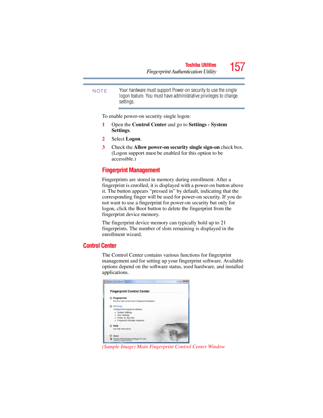 Toshiba A135, A130 manual Fingerprint Management, Open the Control Center and go to Settings System Settings 