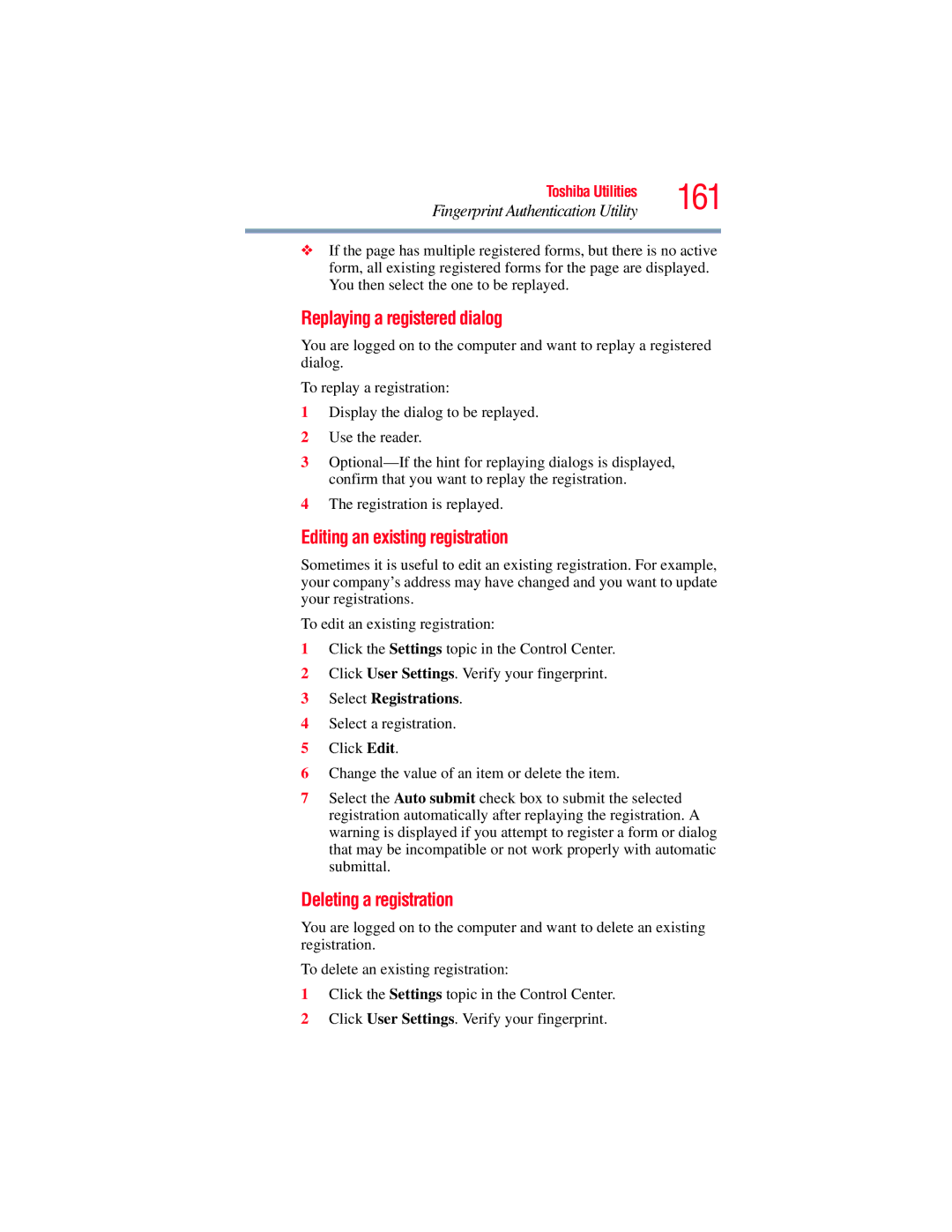 Toshiba A135, A130 manual 161, Replaying a registered dialog, Editing an existing registration, Deleting a registration 