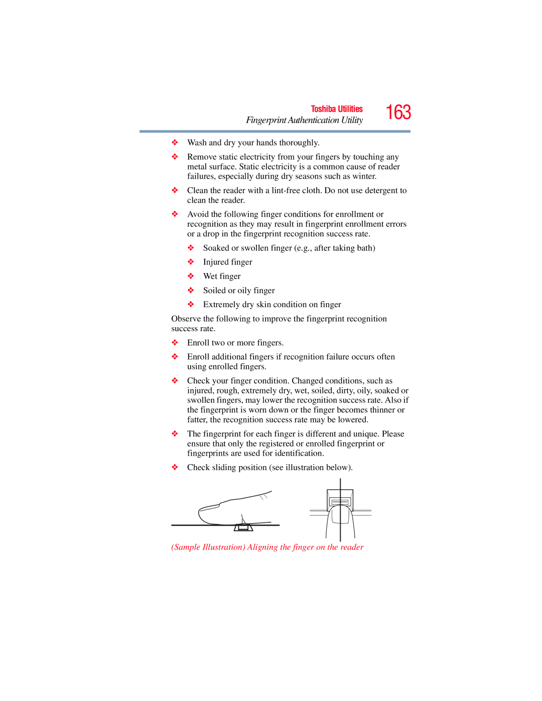 Toshiba A135, A130 manual 163, Sample Illustration Aligning the finger on the reader 