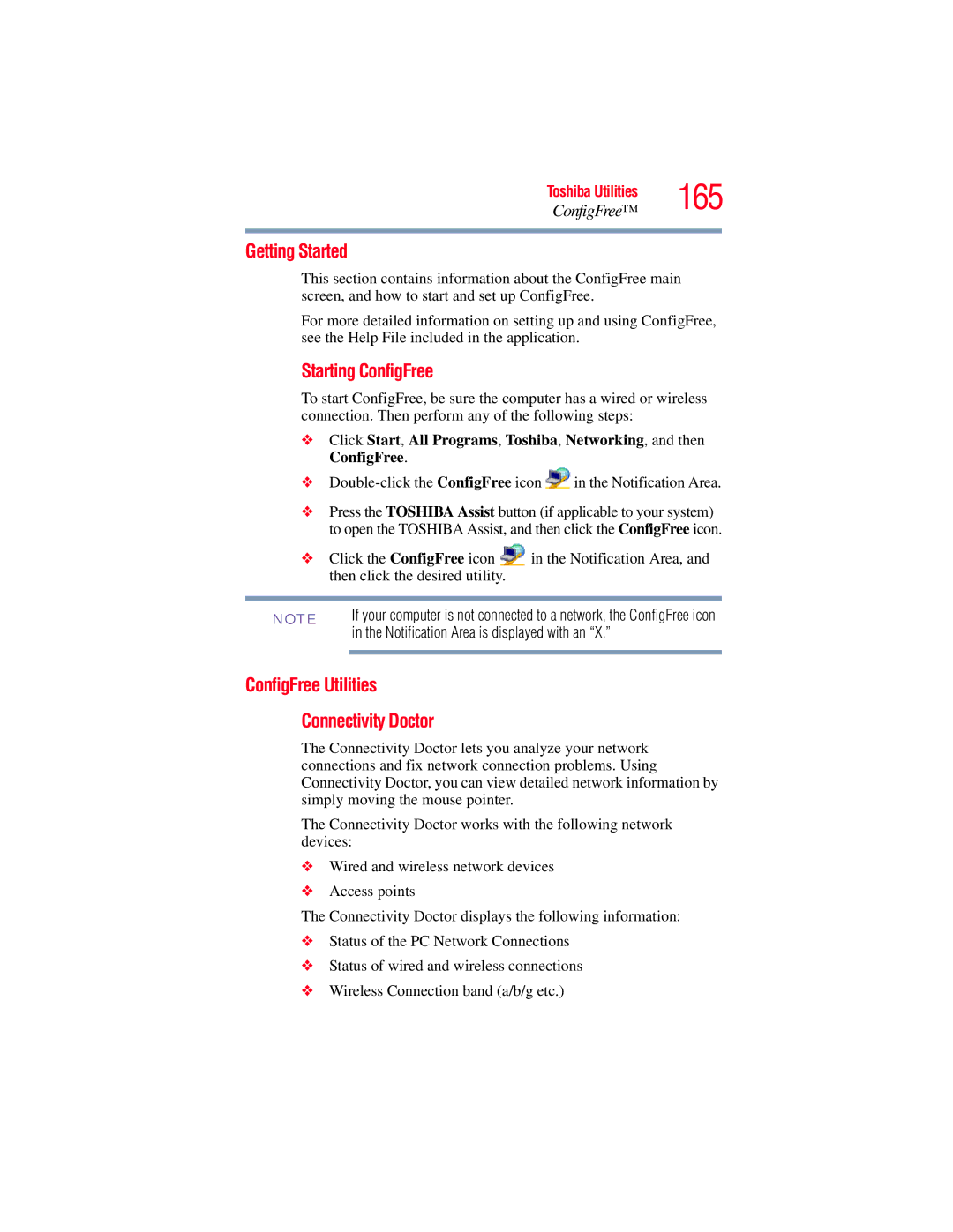 Toshiba A135, A130 manual 165, Getting Started, Starting ConfigFree, ConfigFree Utilities Connectivity Doctor 