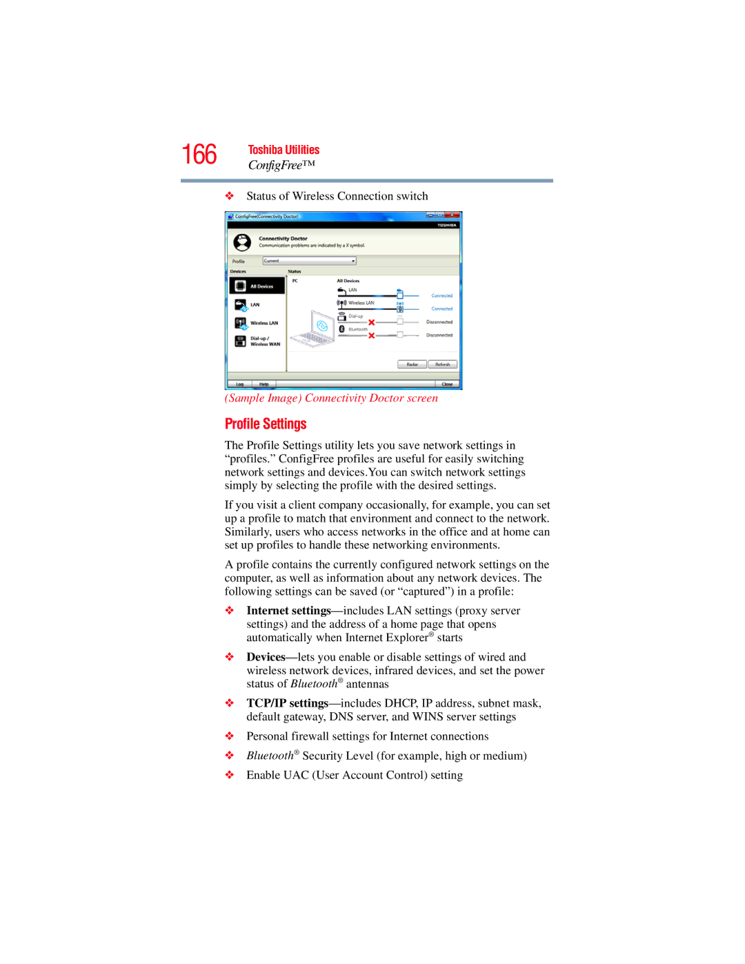 Toshiba A130, A135 manual 166, Profile Settings, Sample Image Connectivity Doctor screen 