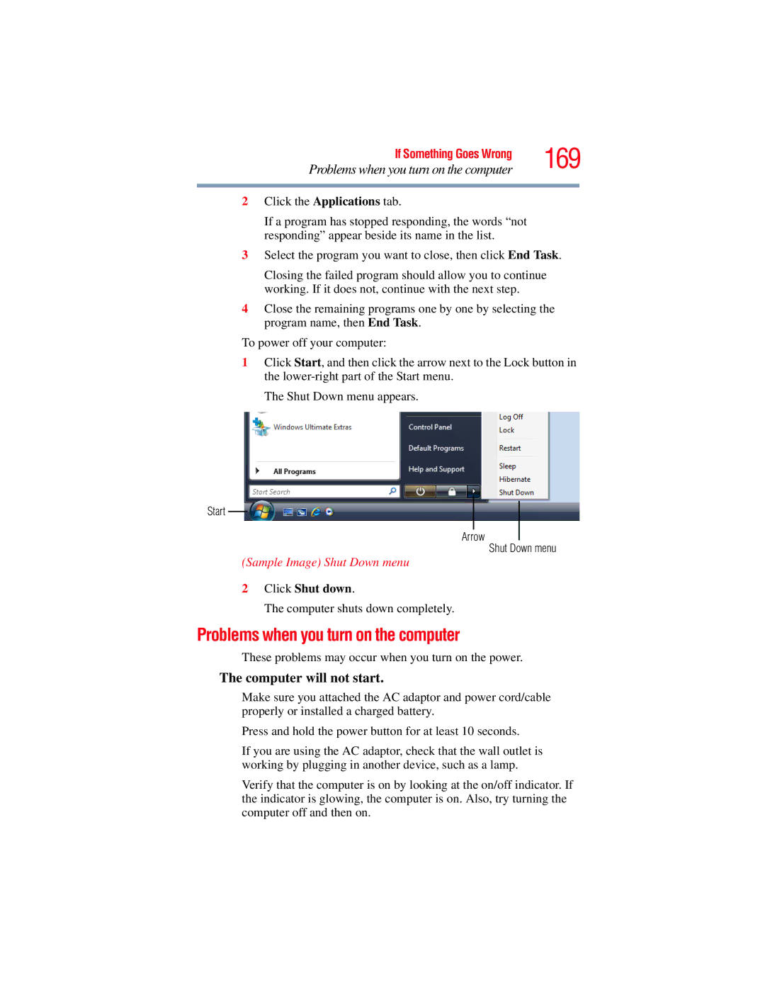 Toshiba A135, A130 manual 169, Problems when you turn on the computer, Computer will not start 