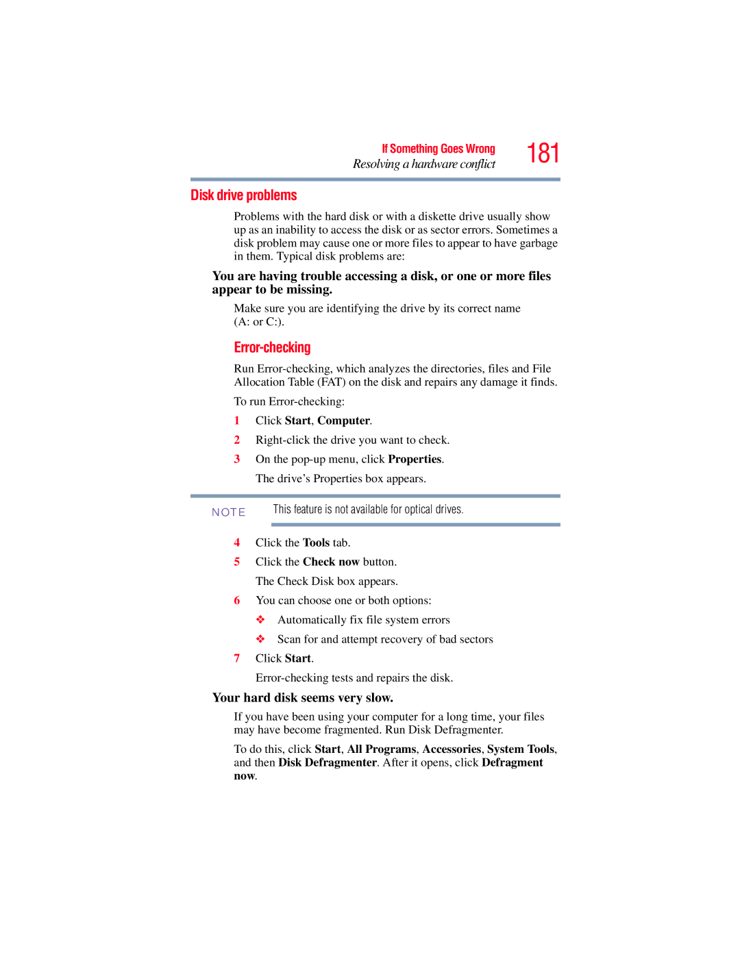 Toshiba A135, A130 manual 181, Disk drive problems, Error-checking, Your hard disk seems very slow, Click Start, Computer 