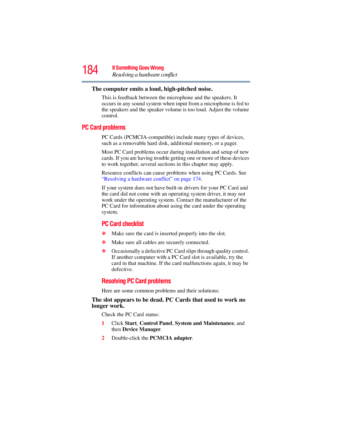 Toshiba A130, A135 manual 184, PC Card checklist, Resolving PC Card problems, Computer emits a loud, high-pitched noise 