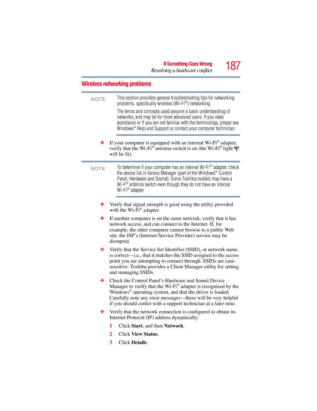 Toshiba A135, A130 manual 187, Wireless networking problems, Problems, specifically wireless Wi-Fi networking, Wi-Fi adapter 