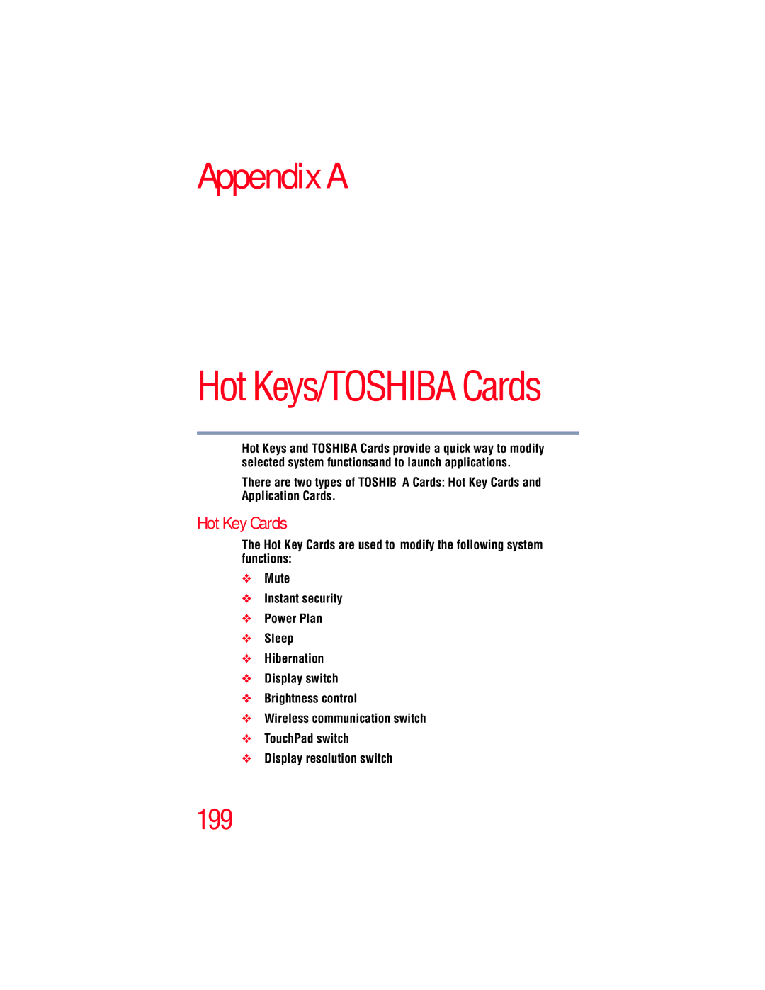 Toshiba A135, A130 manual Appendix a, Hot Key Cards 