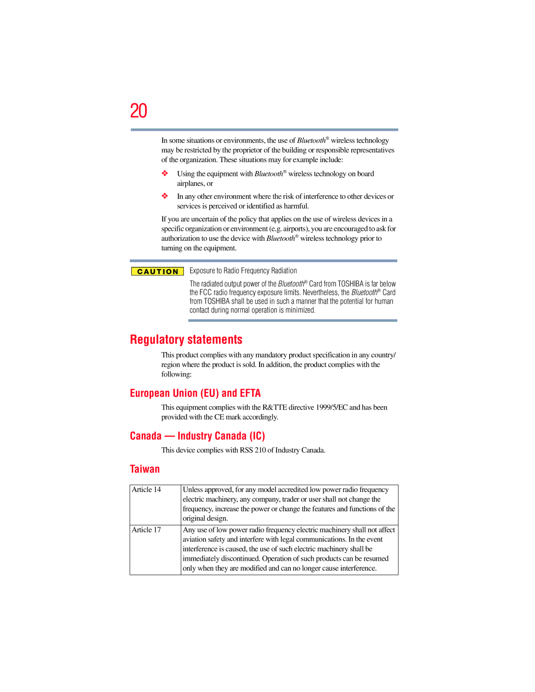 Toshiba A130, A135 manual Regulatory statements, European Union EU and Efta, Canada Industry Canada IC 