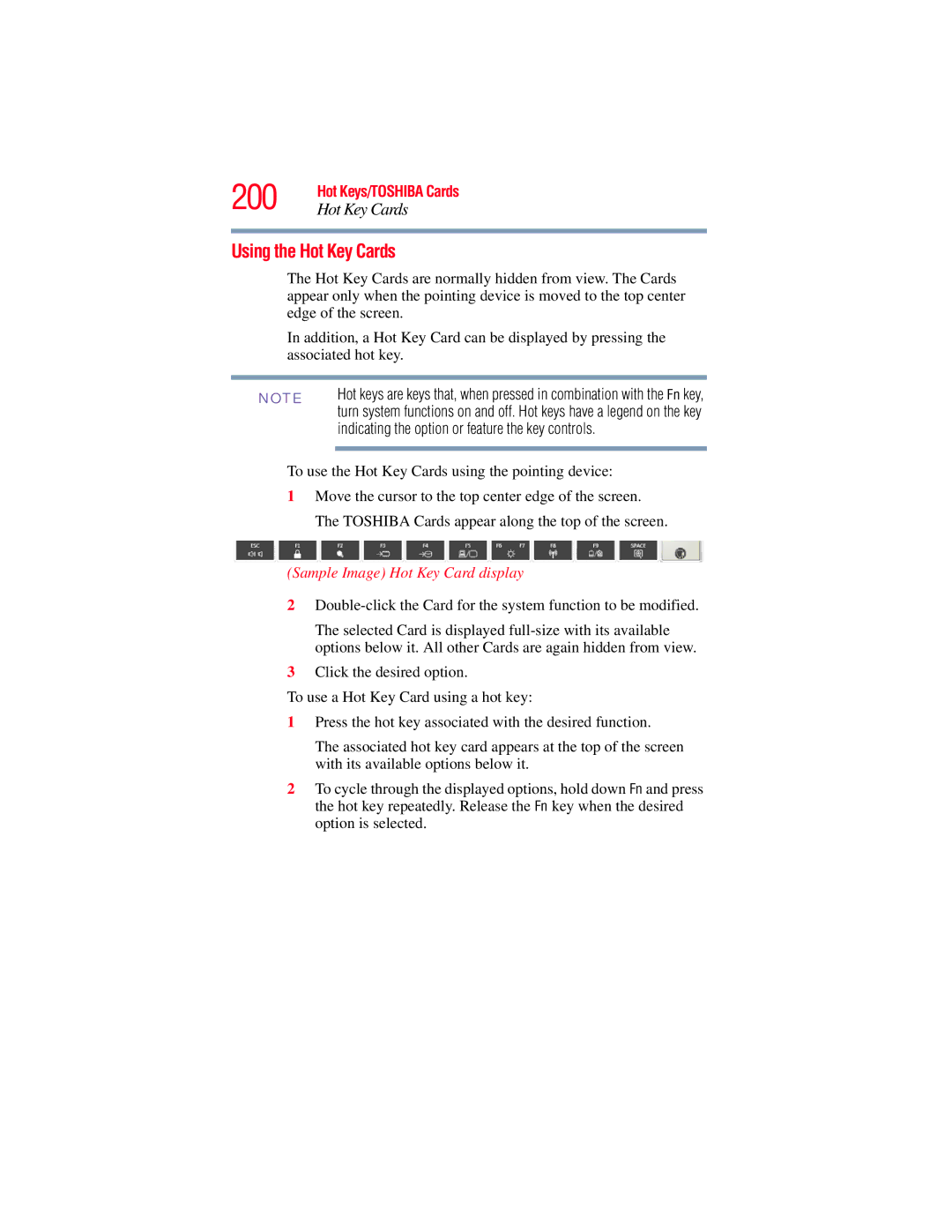 Toshiba A130, A135 manual 200, Using the Hot Key Cards, Indicating the option or feature the key controls 