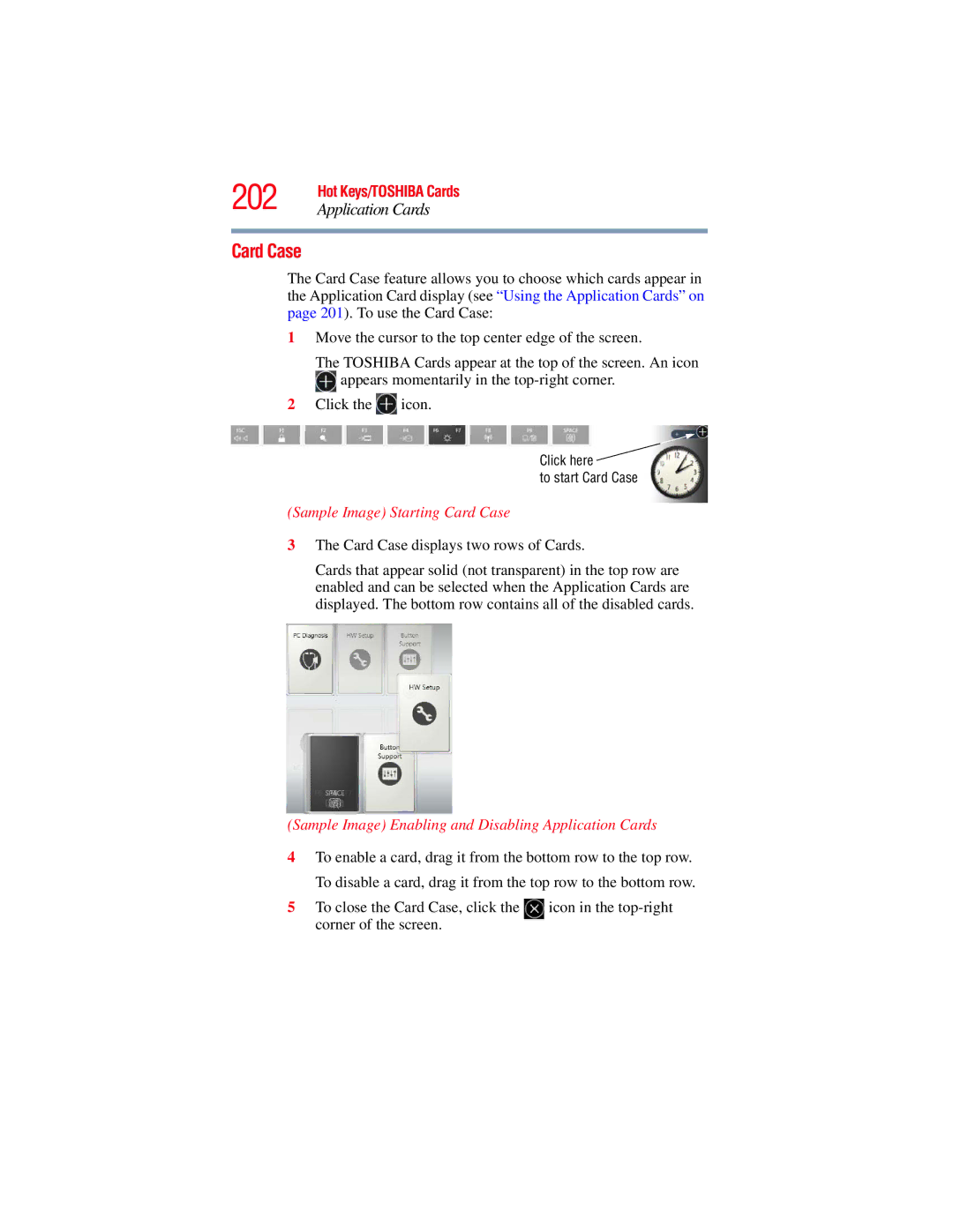 Toshiba A130, A135 manual 202, Sample Image Starting Card Case, Sample Image Enabling and Disabling Application Cards 