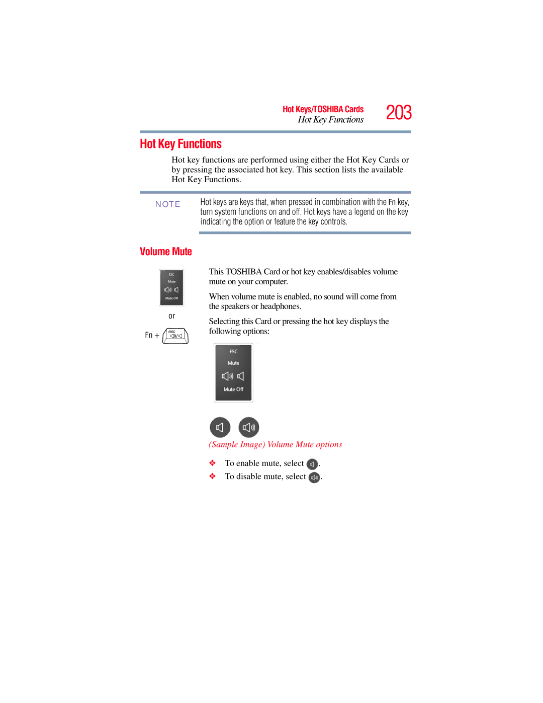 Toshiba A135, A130 manual 203, Hot Key Functions, Sample Image Volume Mute options 