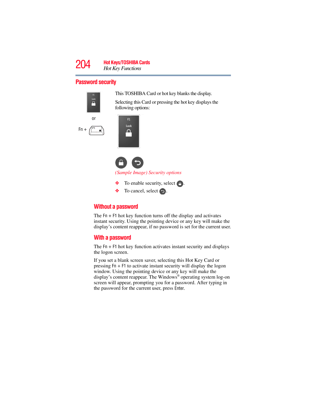 Toshiba A130, A135 manual 204, Password security, Without a password, With a password, Sample Image Security options 