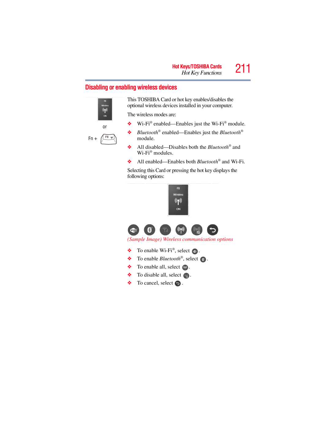 Toshiba A135, A130 manual 211, Disabling or enabling wireless devices, Sample Image Wireless communication options 