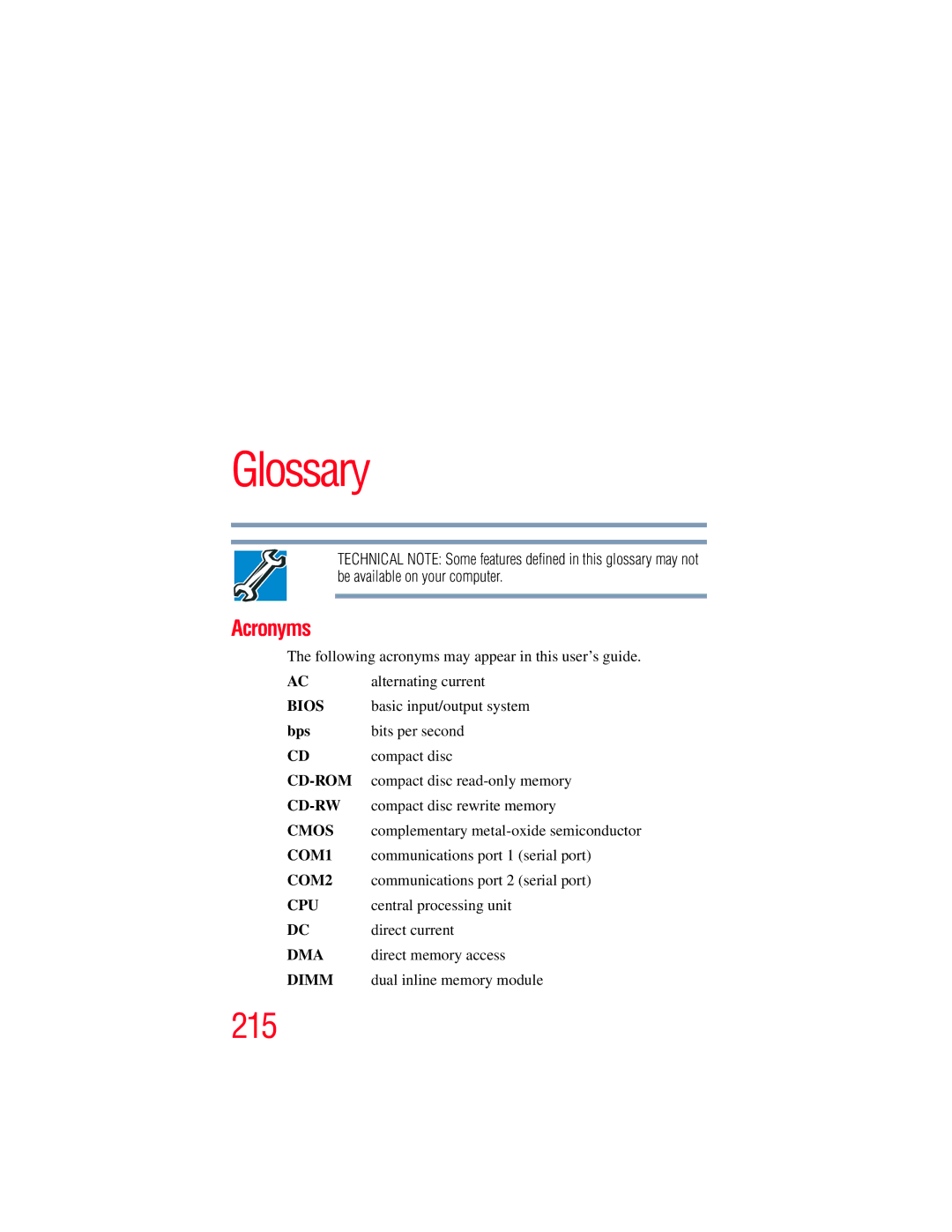 Toshiba A135, A130 manual Acronyms, Bps 