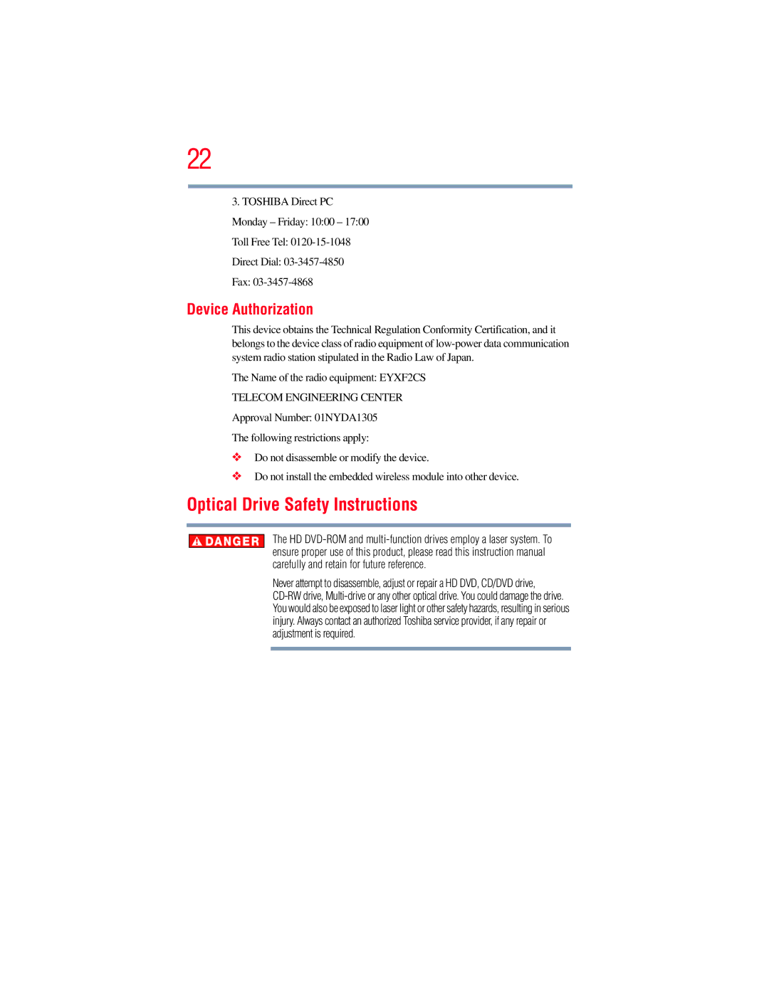 Toshiba A130, A135 manual Optical Drive Safety Instructions, Device Authorization 