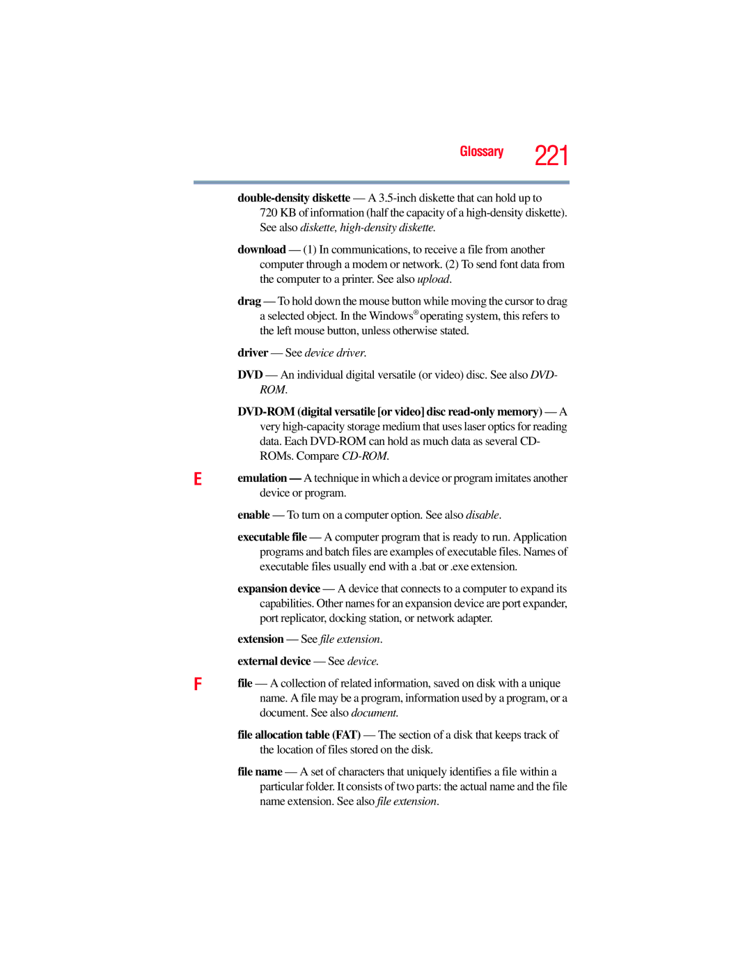 Toshiba A135, A130 manual See also diskette, high-density diskette, External device See device 