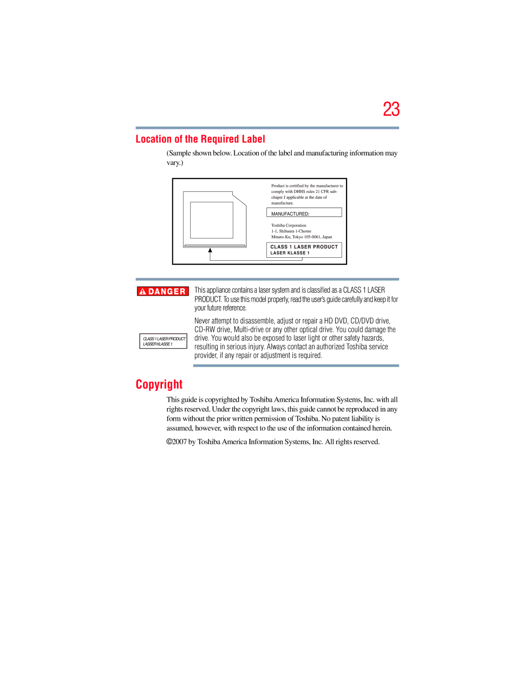 Toshiba A135, A130 manual Copyright, Location of the Required Label 