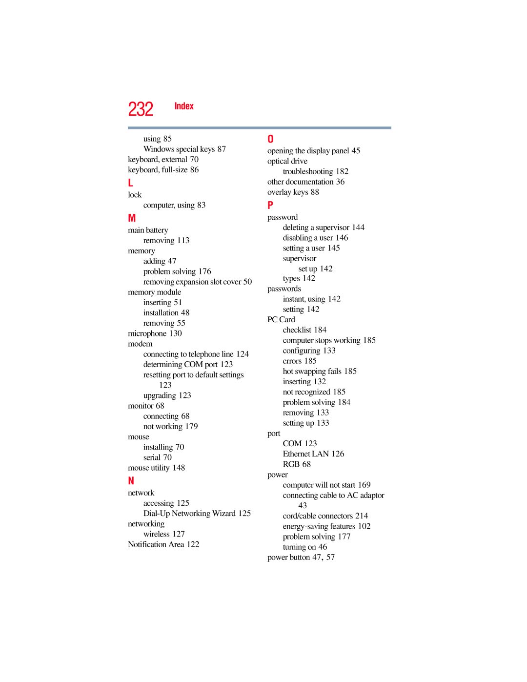 Toshiba A130, A135 manual Troubleshooting 182 other documentation 36 overlay keys 