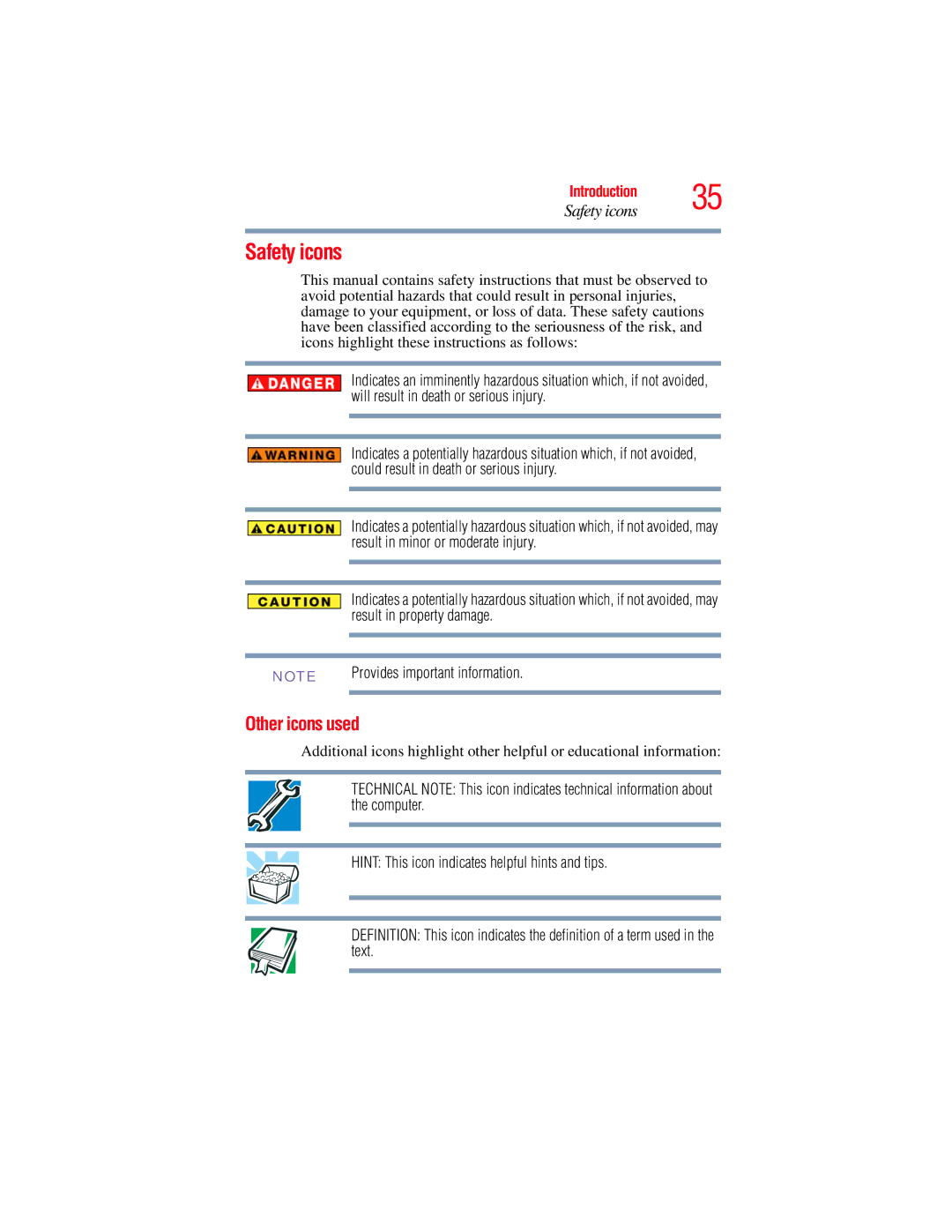 Toshiba A135, A130 manual Safety icons, Other icons used 