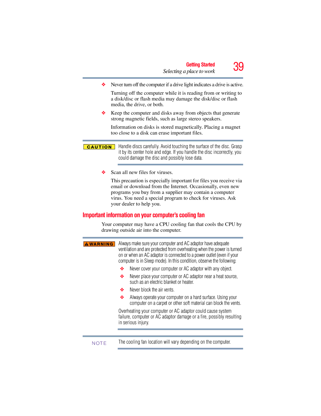 Toshiba A135 Important information on your computer’s cooling fan, Never cover your computer or AC adaptor with any object 