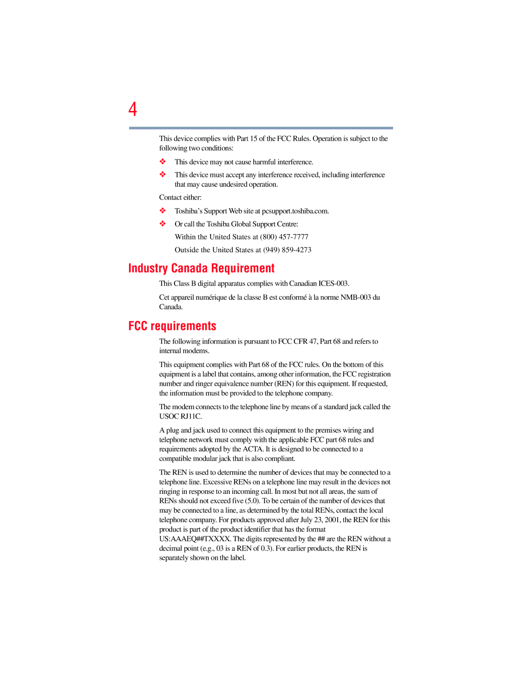 Toshiba A130, A135 manual Industry Canada Requirement, FCC requirements 