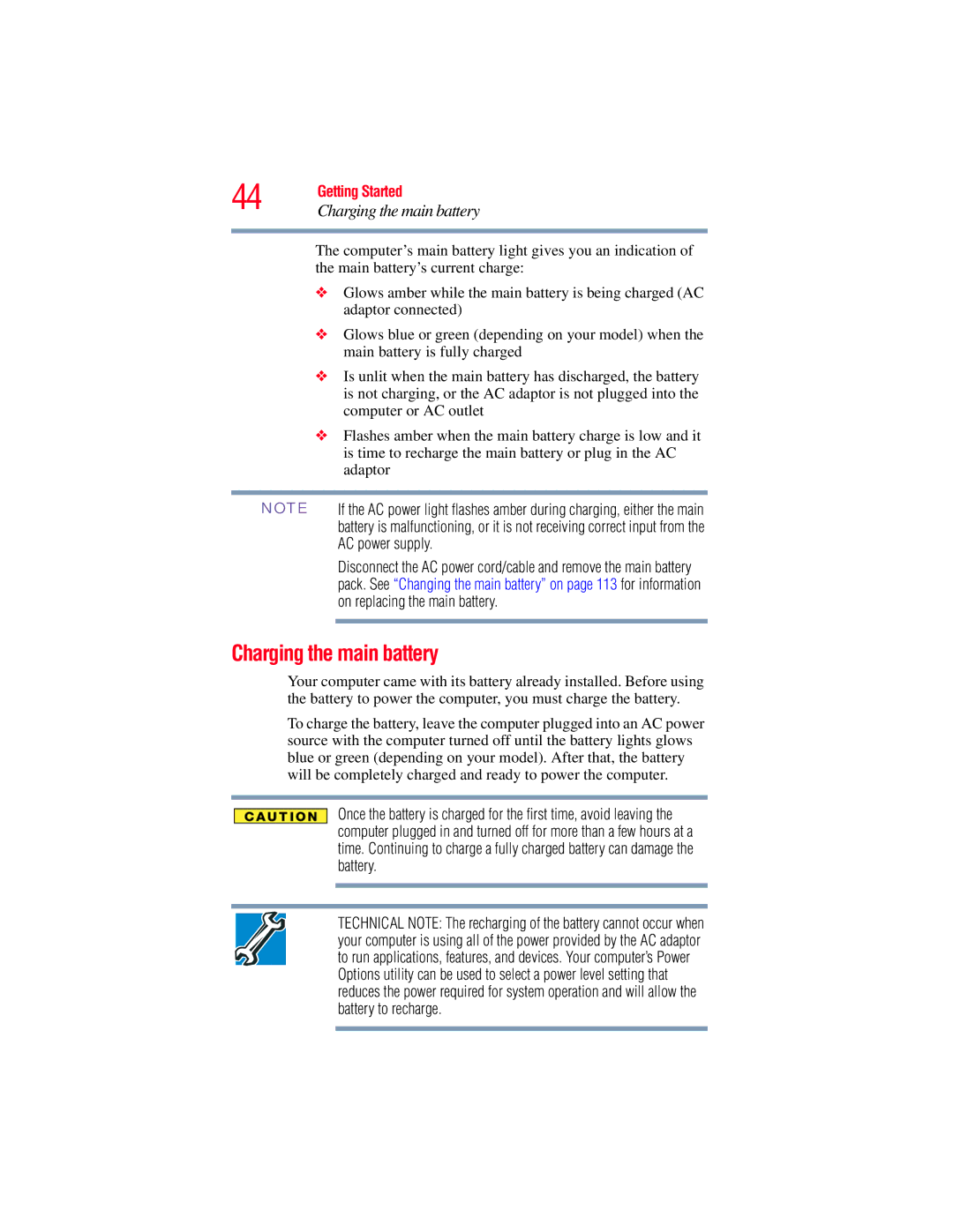 Toshiba A130, A135 manual Charging the main battery 