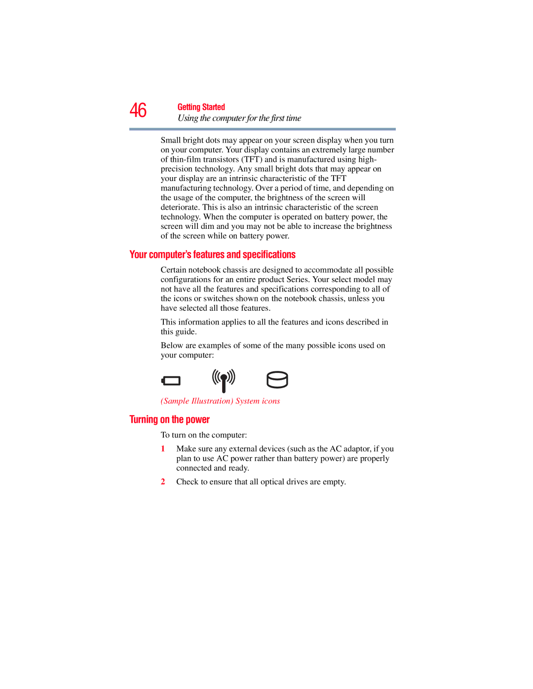 Toshiba A130, A135 Your computer’s features and specifications, Turning on the power, Sample Illustration System icons 