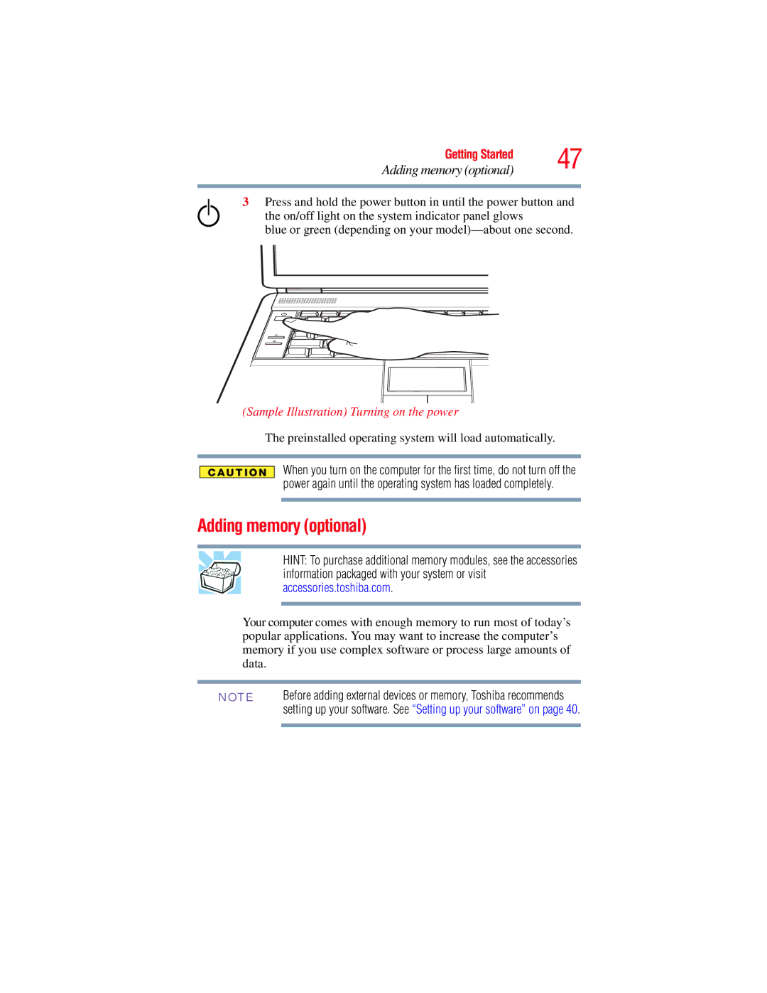 Toshiba A135, A130 manual Adding memory optional, Sample Illustration Turning on the power 